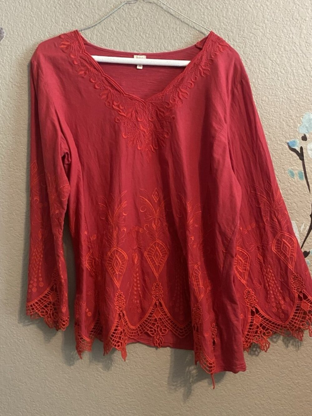 Reba Boho Red Eyelet Embroidered Tunic L  Bell Sleeve Cotton Peasant